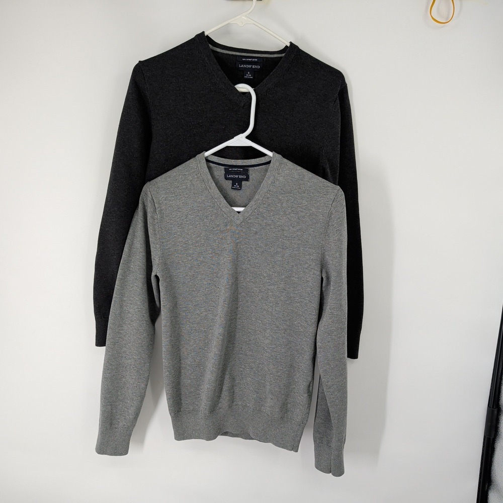 Lands End Supima Cotton V-Neck Sweater Lot of 2 Gray Charcoal Women Small 34-36